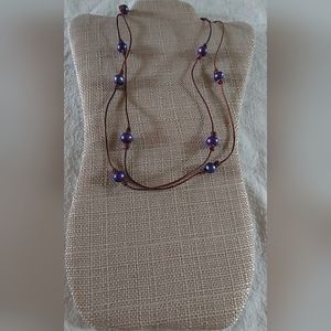 Handmade Purple Pearl And Brown Leather Necklace